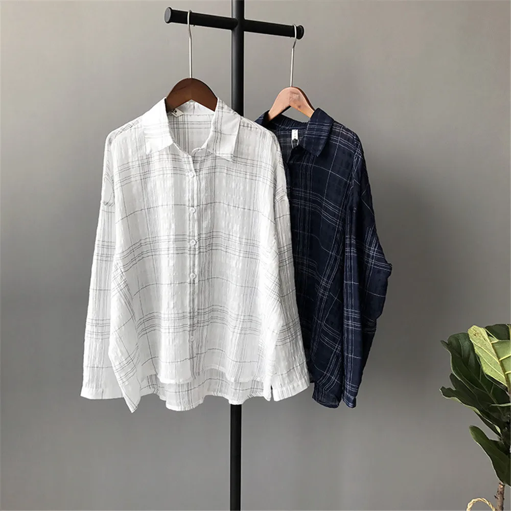 High quality Loose Plaid Women Blouse Shirt Spring Woman Blouses Boyfriend style Lady Elegant Tops Large Casual Chiffon Blusas (9)