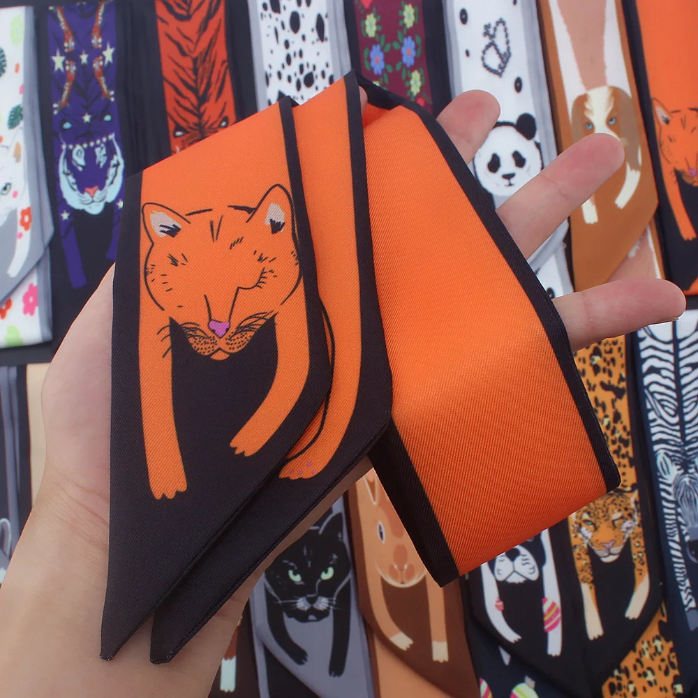 

Fashion Luxury Brand Summer Small Skinny Scarf Hair Bag Ribbon Euro Animals Print Twill Silk Scarf For Women Tie Head Scarves