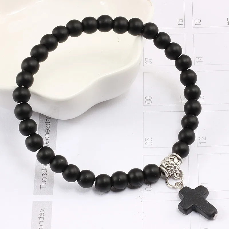 Vintage Cross Natural Stone 6mm Beads Bracelet Charm Men Blue  Bead Pendant Strand Bracelets Bangles Women Fashion Jewelry Gifts