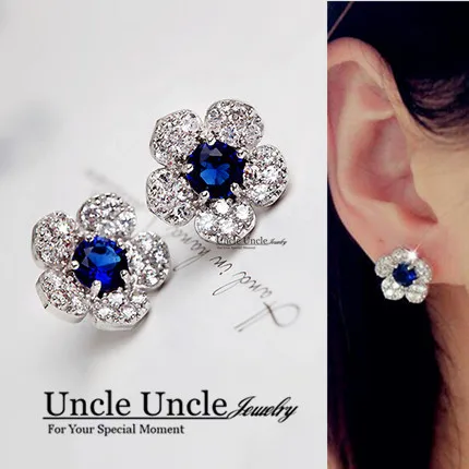 

Exquisite!! White Gold Color Blue Zirconia Micro Setting Flower Style Luxury Lady Stud Earrings Wholesale