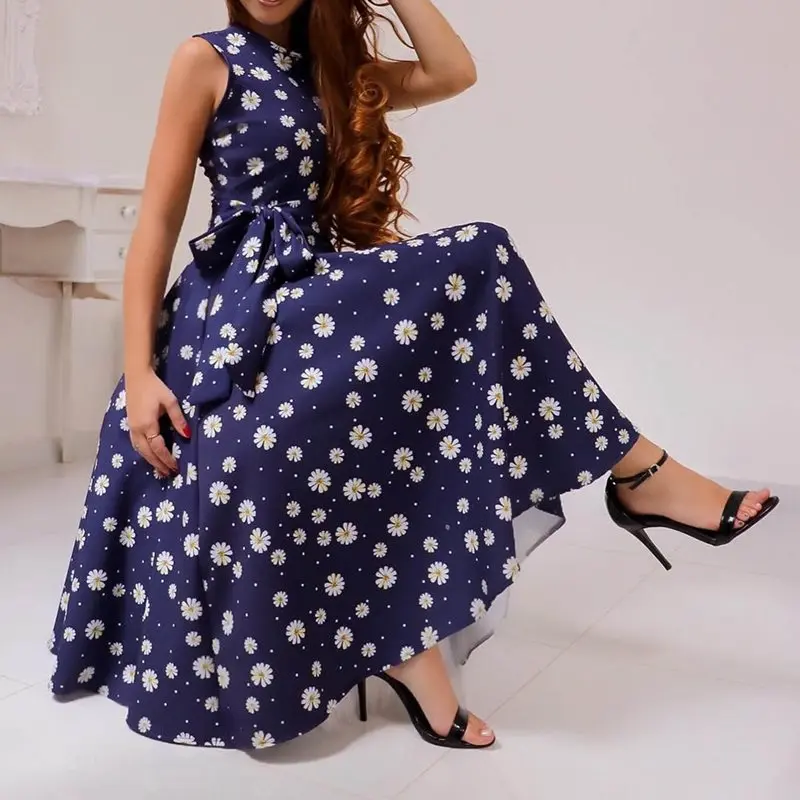 

Summer Sexy Club Retro Blue Elegant Women Dresses Casual High Waist Floral Print Party Streetwear Beach Vintage Female Dress