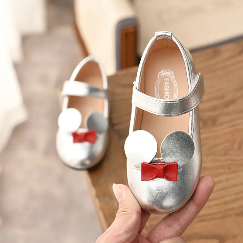 Кроссовки для девочек с бантом, новая брендовая кожаная детская обувь принцессы, мягкая подошва, детская танцевальная обувь для девочек, детские кроссовки Микки - Цвет: Photo Color