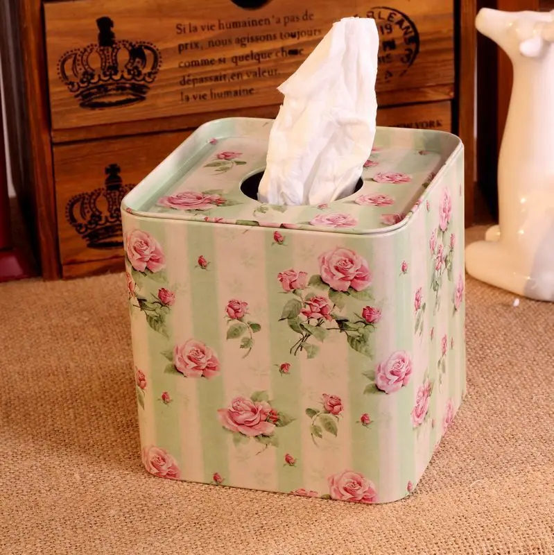 zakka tin box Tissue paper towel tube reel spool square tin tissue box faint flower