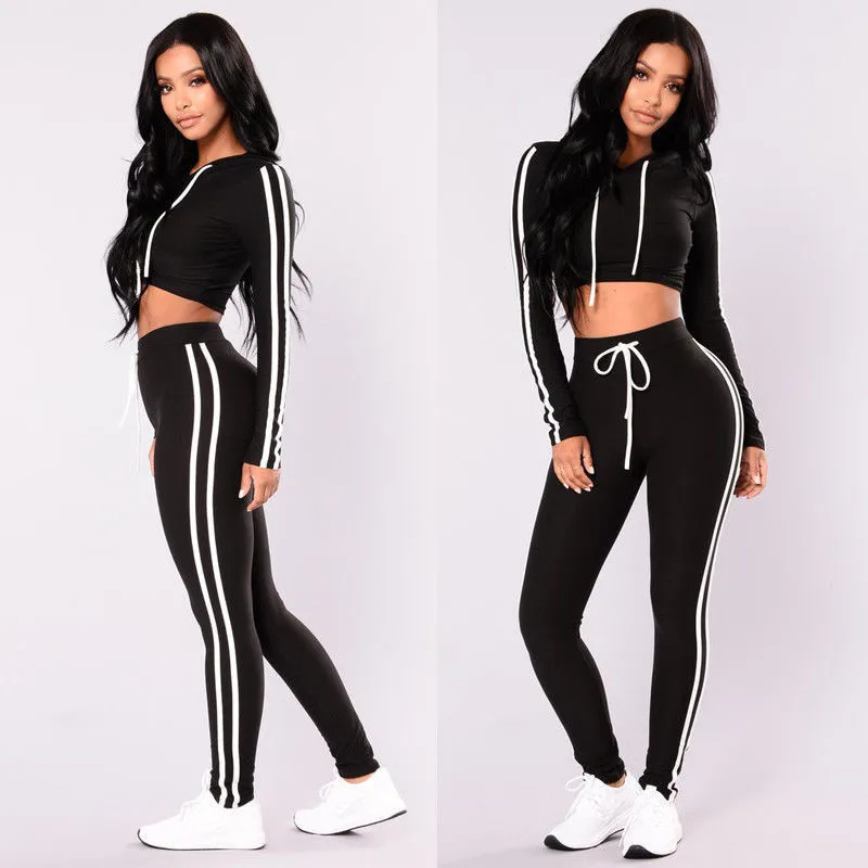 2Pcs Stylish Sexy Women Ladies Tracksuit Full Sleeve Hooded Crop Tops
