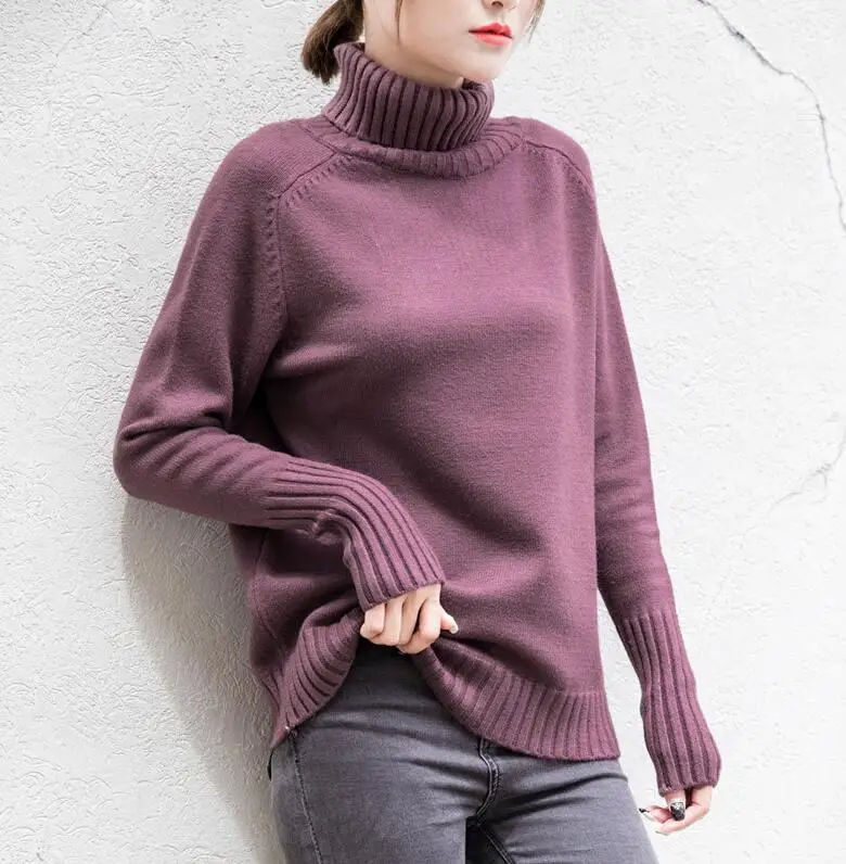 Женские свитера, зимний женский свитер с высоким воротом, новинка, толстый теплый вязаный свитер, трикотажный джемпер и пуловеры, женские топы - Цвет: Фиолетовый