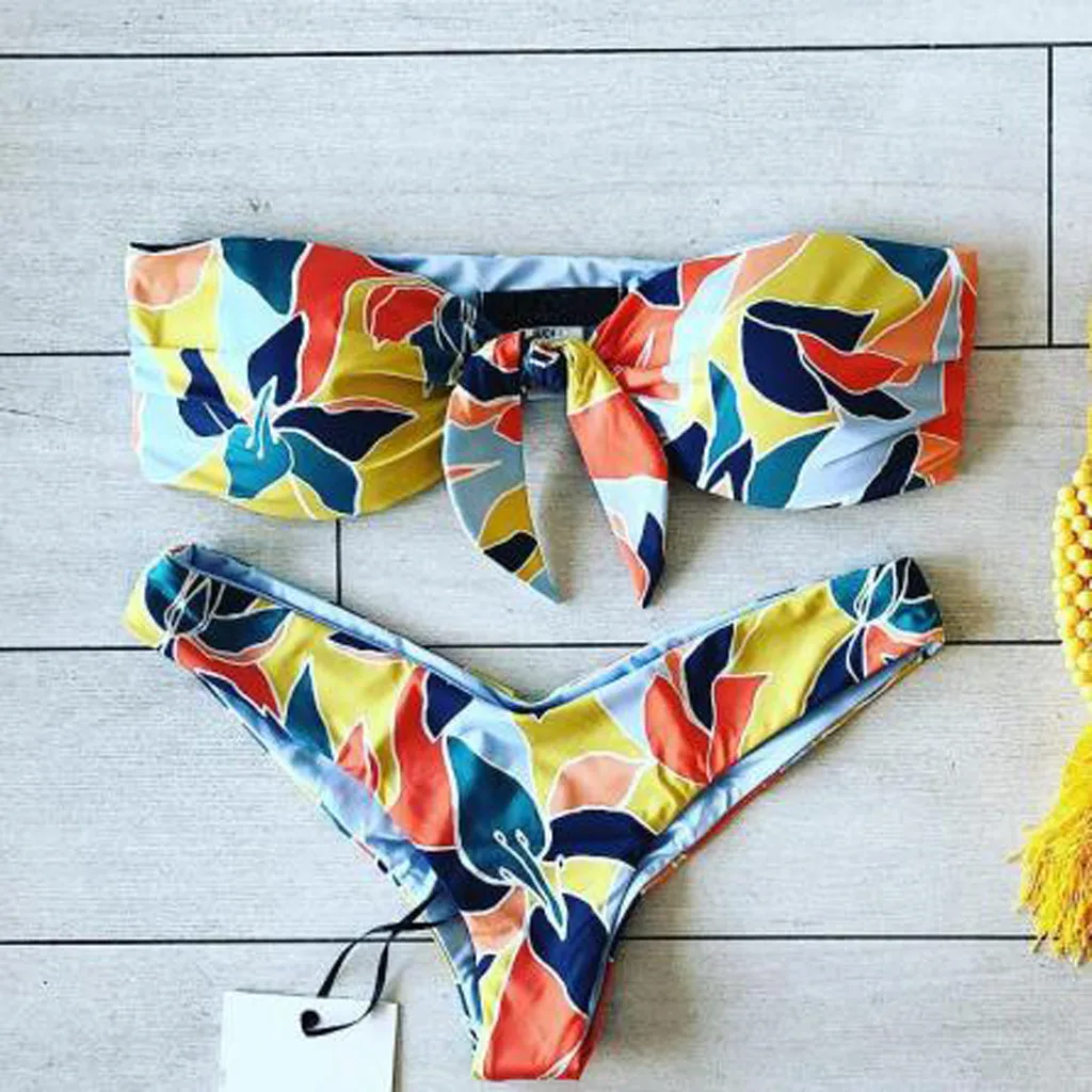 

2019 New Bikinis Swimwear Women Sexy Rainbow Print Bandeau Bikini set Swimsuit Women High Leg Swiming suit Thong Biquini