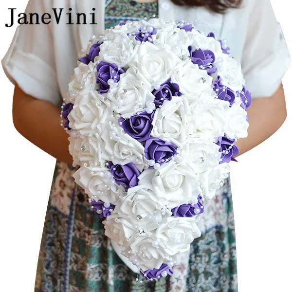 

JaneVini Waterfall Purple Bridal Bouquet with Pearls White Foam Roses Artificial Flowers Wedding Bouquets Bouquet De Mariage
