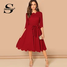 Sheinside Elegant Scallop Edge Bodycon Dress Women Burgundy 3/4 Sleeve Solid Pencil Dresses Woman Party Night Ladies Midi Dress eyelet scallop edge jumper