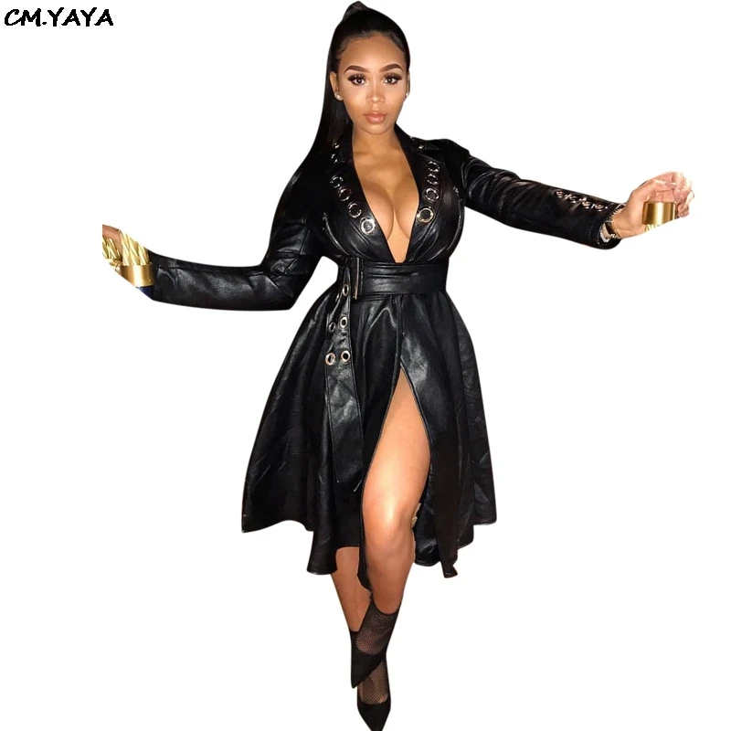 

women new 2019 PU faux leather long sleeve eyelet deep v-neck with belt pleated big swing long jackets coat dress GLMH5901