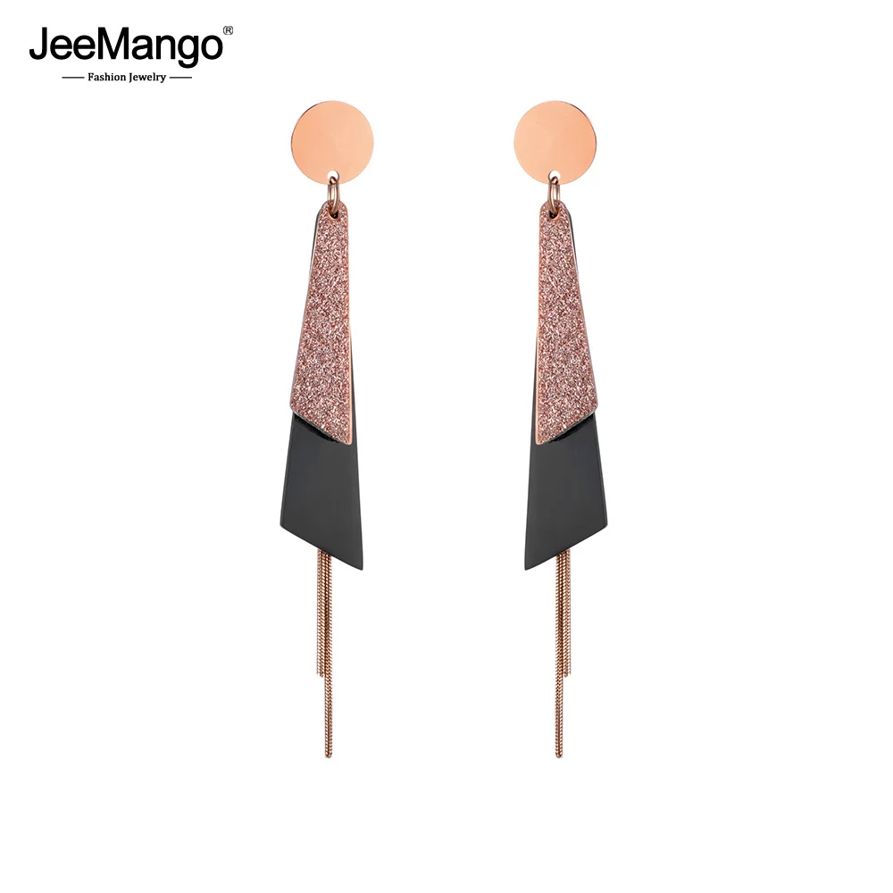 

JeeMango Bohemia Rose Gold Color Earrings With Frosted & Black Sheet Long Tassel Stainless Steel Women Earrings Fashion JE18441