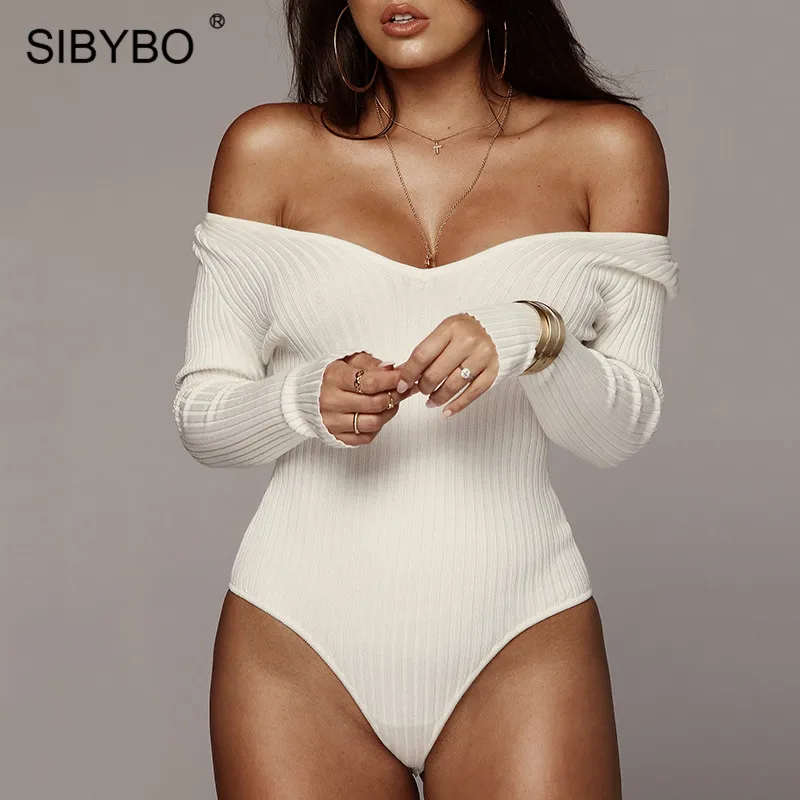 Sibybo Autumn Long Sleeve Skinny Sexy Bodysuit Fashion Rib Knitted Crew Neck Casual Rompers Womens Jumpsuit White Basic Body Top Sibybo Autumn Long Sleeve Skinny Sexy Bodysuit Fashion Rib Knitted Crew Neck Casual Rompers Womens Jumpsuit White Basic Body Top