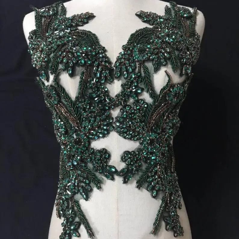 

2019 green Deluxe Rhinestone Swarovshi bead applique with 3D artificial flower
