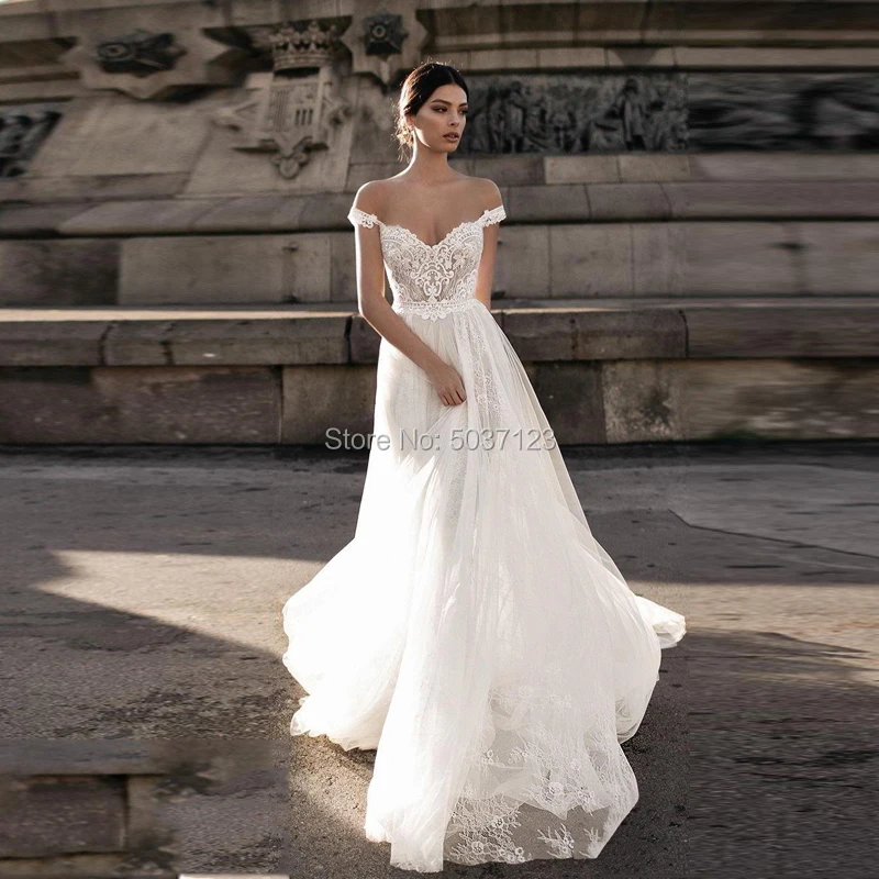 Best Price EEN Lijn Strand Trouwjurken Uit de Schouder V-hals Kant Applicaties Backless Bridal Wedding Gown Vestido De Noiva Custom
