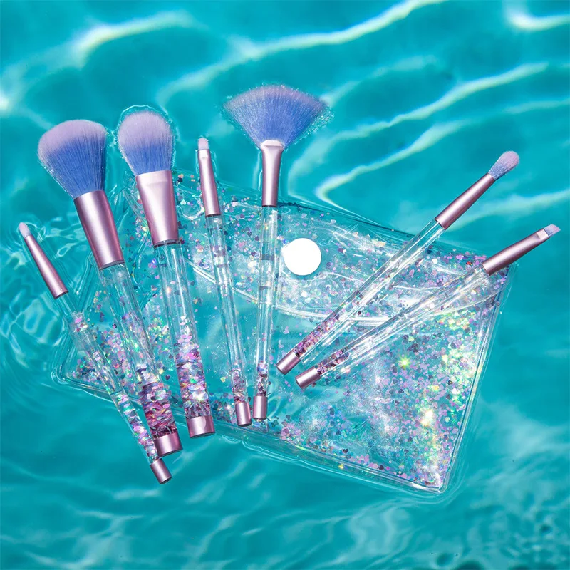 

7 Pcs Liquid Crystal Handle Makeup Brush Professional Mermaid Crystal Flow Sand Makeup Brushes Tool Set With Bag