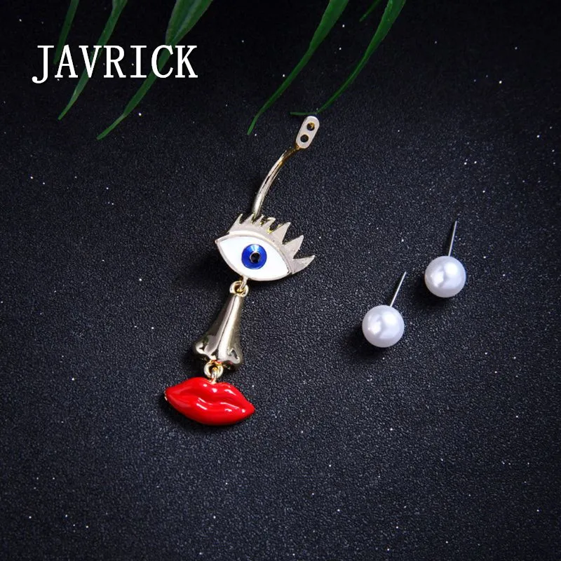 

JAVRICK Blue Evil Eye Red Lips White Pearl Asymmetric Drop Earrings Fashion Jewelry