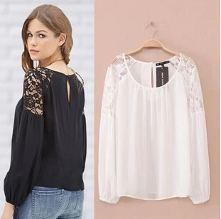 Plus Size 2015 New Women's Shirts White Crochet Lace Shirt Female Floral Long Sleeve Chiffon Blouse Blusas Tops S-2XL |
