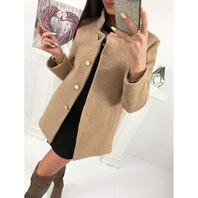 Women Winter Woolen Coat Autumn Casual Solid Color Long Sleeve Pocket Single-Breasted Suit Collar Pink Long Coat Abrigos Fashion (7)