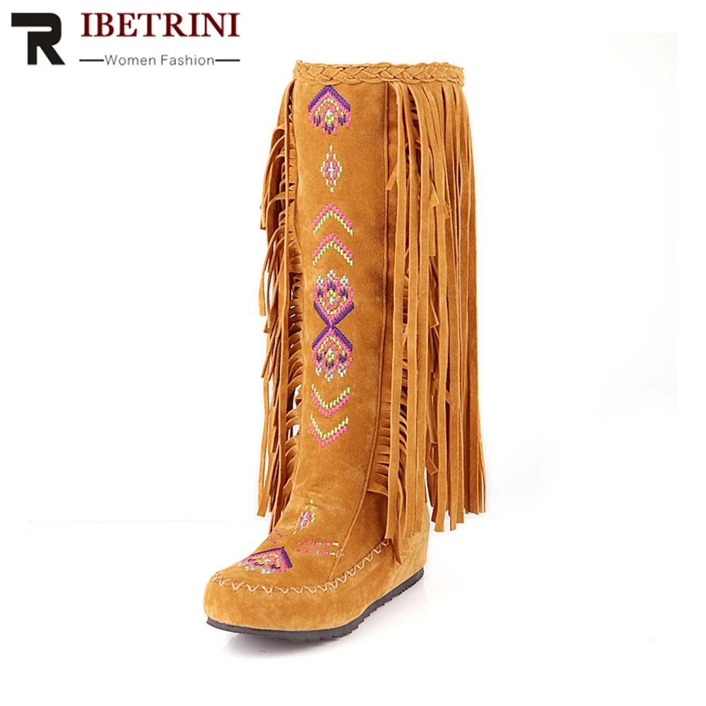

RIBETRINI 2019 Autumn Winter 34-48 Hot Sale Bohemia Fringe Knee High Boots Women Fashion Embroider Casual Women Shoes Woman