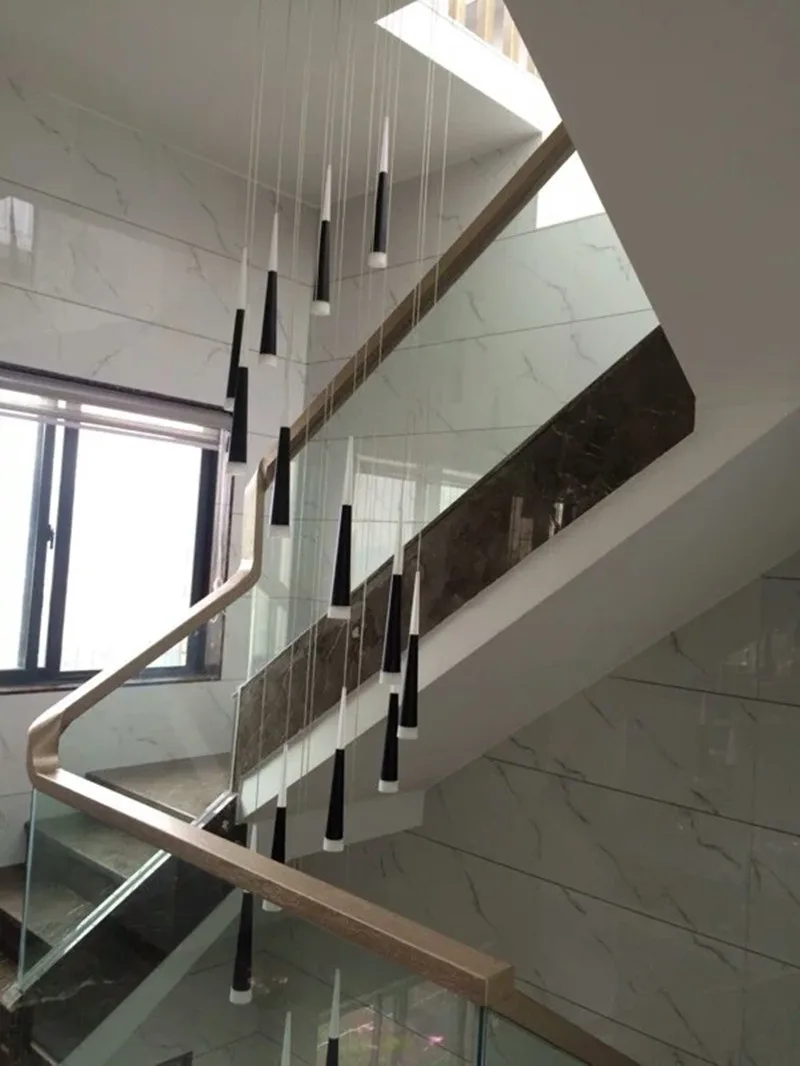 Aluminum Home LED Pendant Lights Modern stairway Led cone hanging light hotel fixtures long black spiral Stair lighting Lustre