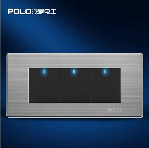 

Free Shipping, POLO Luxury Wall Light Switch Panel, 3 Gang 1 Way Switch, Push Button LED Switch, 10A, 110~250V, 220V