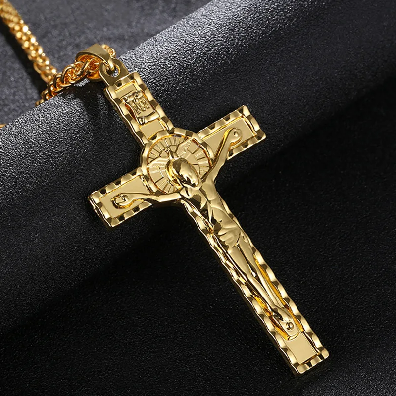 

HIP Hop Bling INRI Crucifix Jesus Cross Pendant Necklaces Men Women Christian Prayer Jewelry with 22inch Gold Twist chain