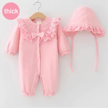 

Baby Girl Cotton Thick Romper With Cap Lace Bow 1piece Overall Pink Outfit Infant Girls Spring Clothing Gift Set 3m 6m 2018 New