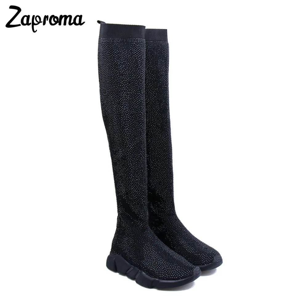

ZAPROMA Crystal Sock Sneaker Boots Women Thigh High Sport Flat Black Rhinestone Sneakers Woman Knee High Boot 2018 sock boots