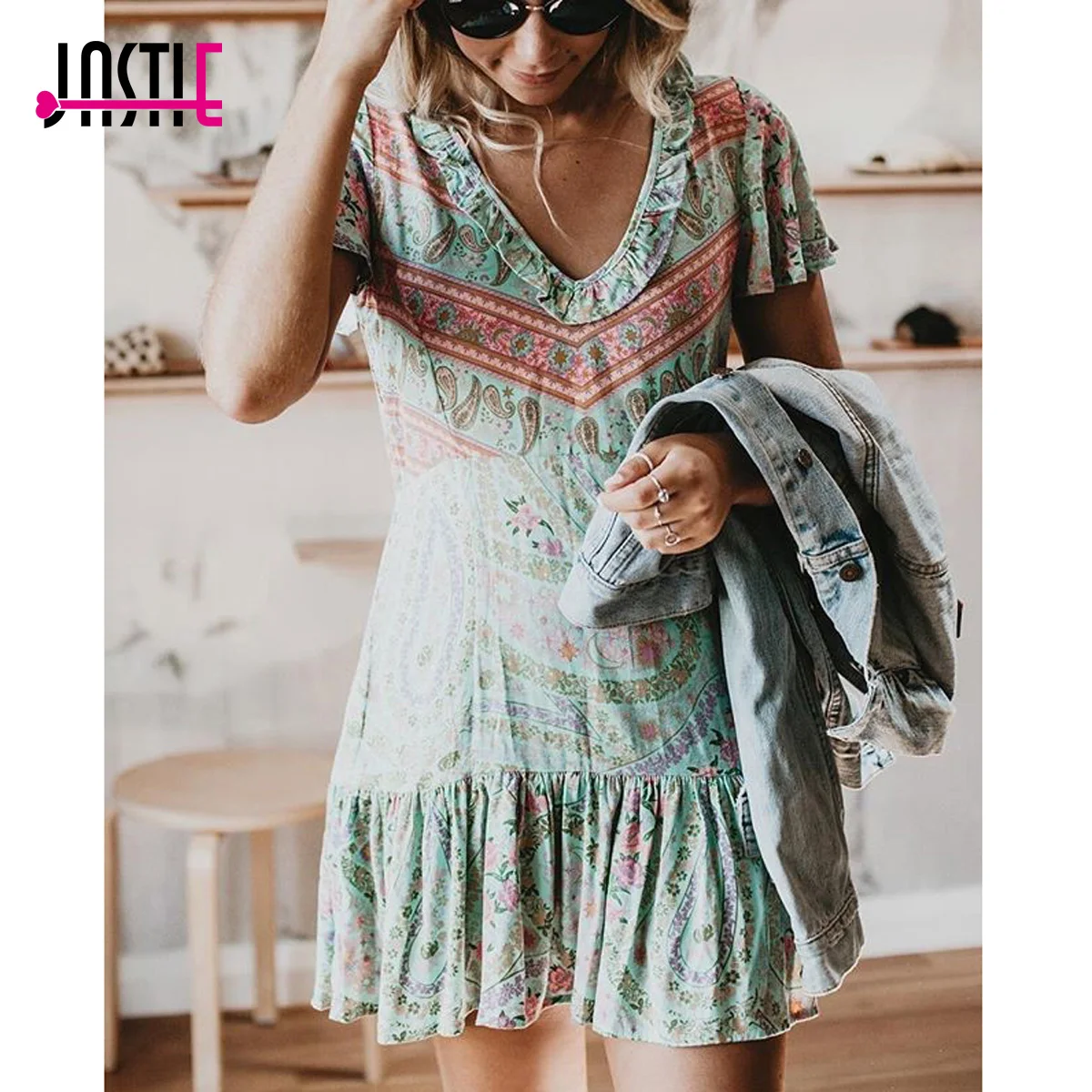 

Jastie City Lights Mini Dress Frill V-Neck Short Sleeve Summer Dresses vintage Print Women Dress Boho Casual Beach Dresses 2019
