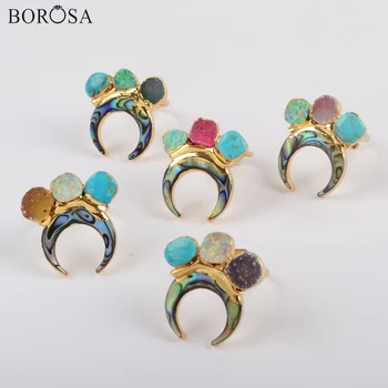 

BOROSA 5PCS New Gold Color Horn Abalone Shell & Three Rainbow Agates Druzy Turquoises Manmade White/Blue Opal Ring Jewelry G1839