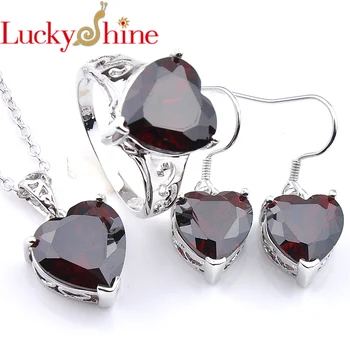 

Luckyshine 3Pcs Women Ring Earrings Pendants Bridal Set Red Love Heart Cubic Zirconia Gems Silver Necklaces Xmas Gift Set