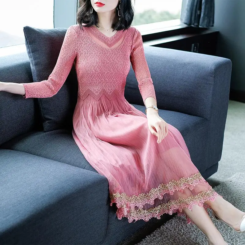 Весеннее женское Плиссированное кружевное элегантное приталенное длинное платье большого размера - Цвет: pink