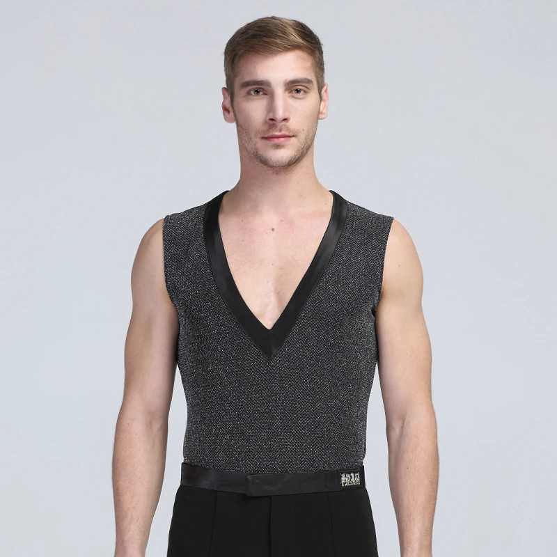Mens Vest Latin Dance Practice Dancewear V neck Sleeveless Korea Silver
