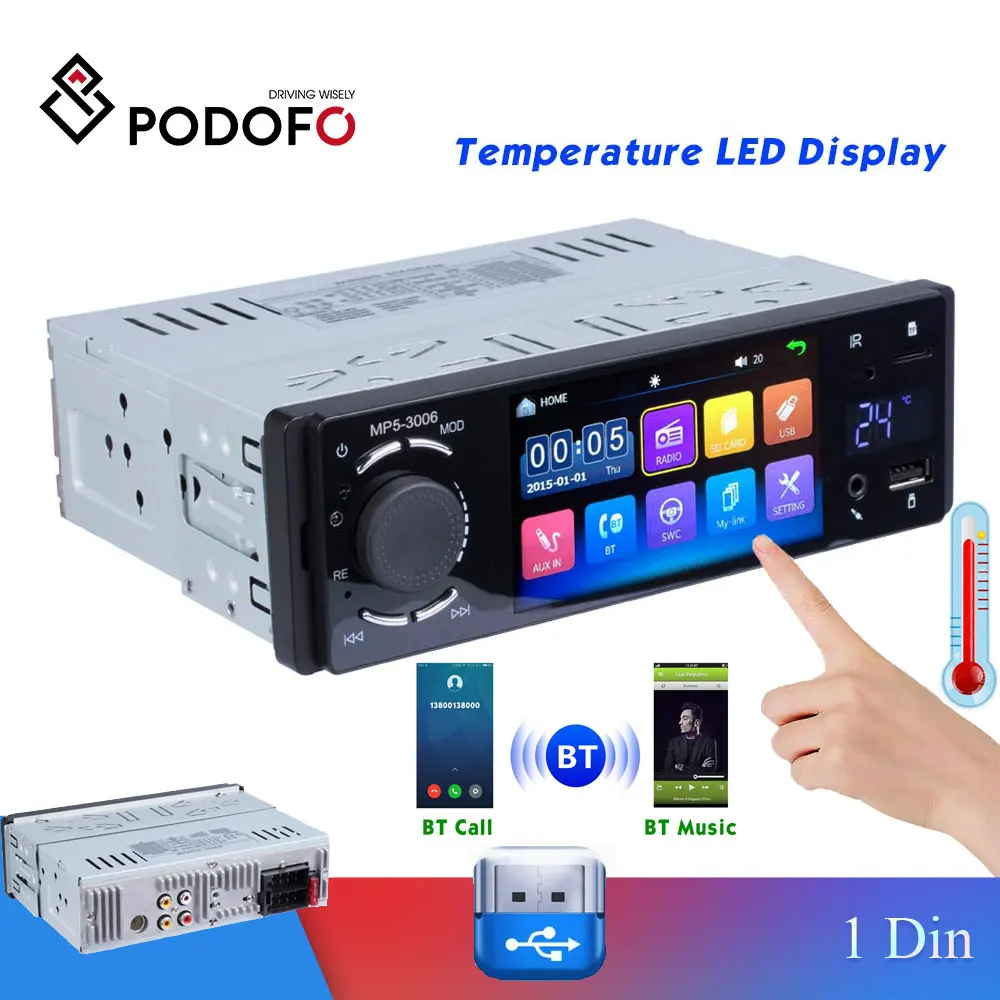 

Podofo 1 Din Car Radio Bluetooth Car Player 4" Touch Screen Stereo Audio Video MP5 USB TF Temperature Display Handsfree In-dash