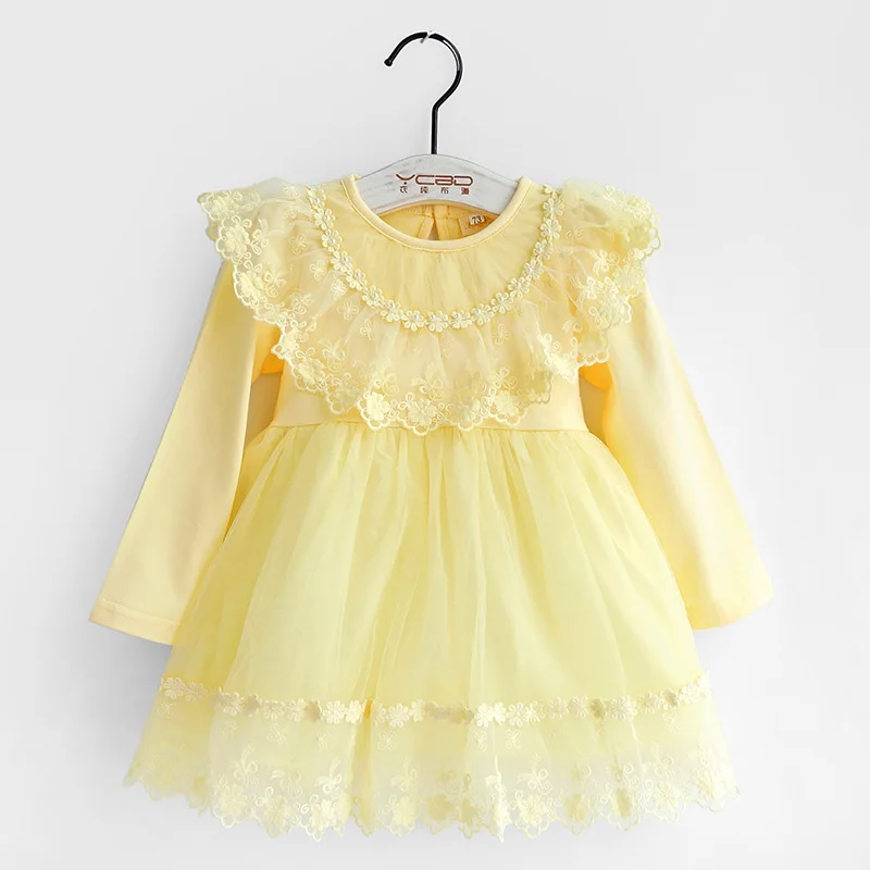 Платье для маленьких девочек Новинка весны Осень, платье принцессы детская одежда с кружевом и бантом Дизайн хлопок праздничное платье для маленьких девочек От 1 до 3 лет DQ574