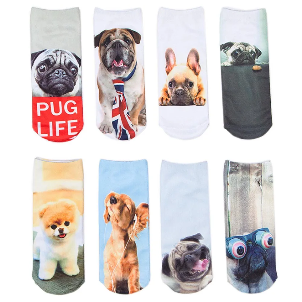 New Arrival 3D Pug Dog Print Socks Casual Harajuku Art Socks Low Cut Animal Sock Ankle Women's