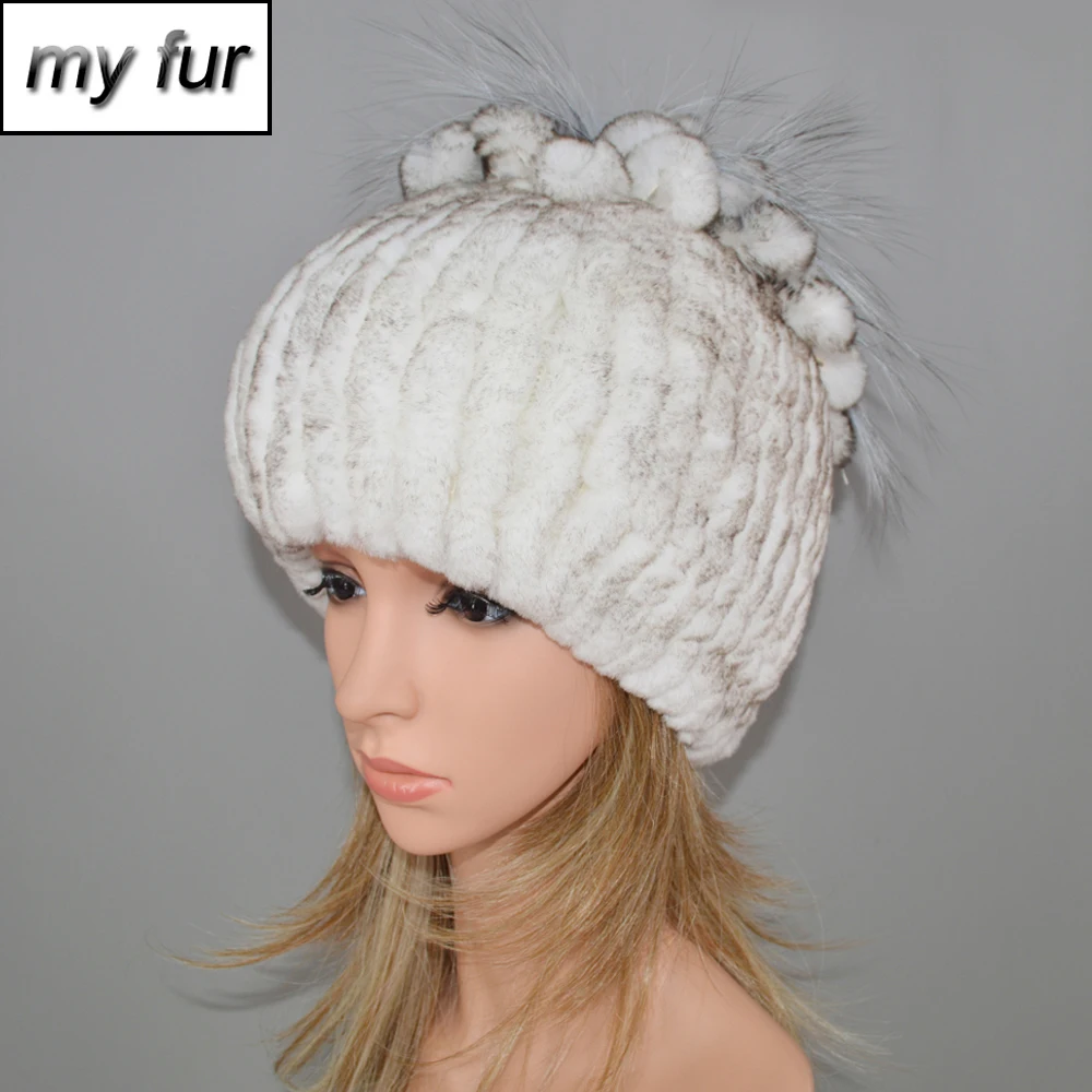 Женский натуральный настоящий мех кролика шапочки шапки зимний теплый вязаный из натурального меха кролика рекс шапки s Новые женские меховые шапочки с лисой