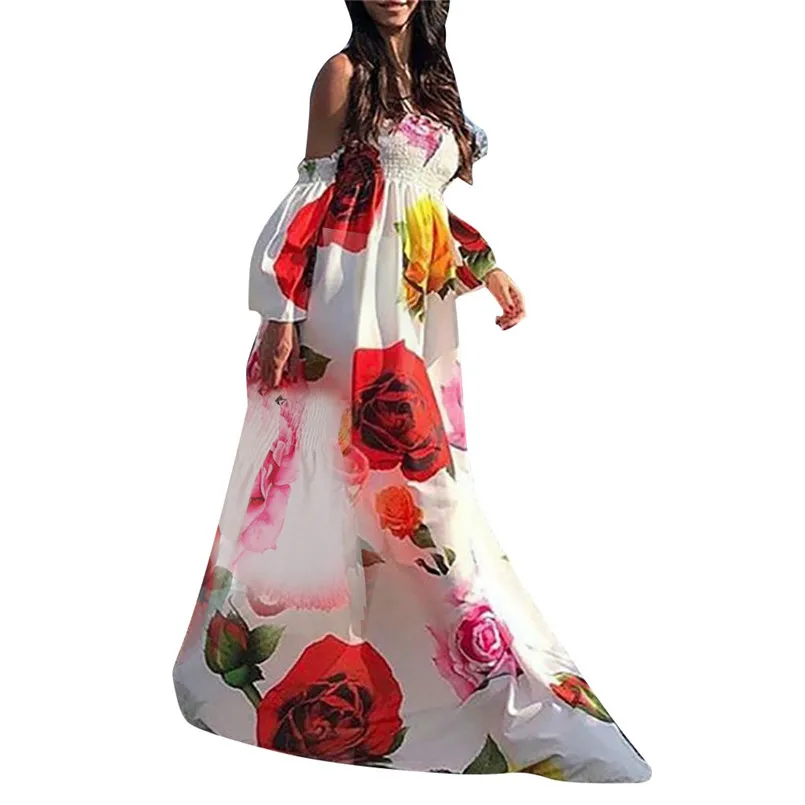 

Sweet Beach Dress Women Summer Flower Printed Off Shoulder Sexy Slash Neck Ruffles Loose Dress For Women Girls Femme 40MA08