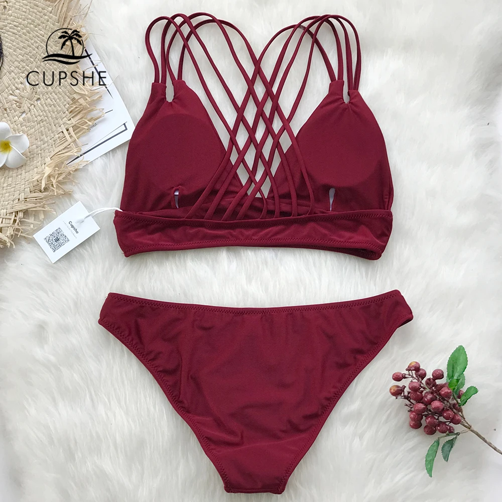 CUPSHE Wine Red High-waisted Halter Bikini Set Women Burgundy Cutout Two Pieces Swimwear 2019 Girl Solid Lace up Swimsuit