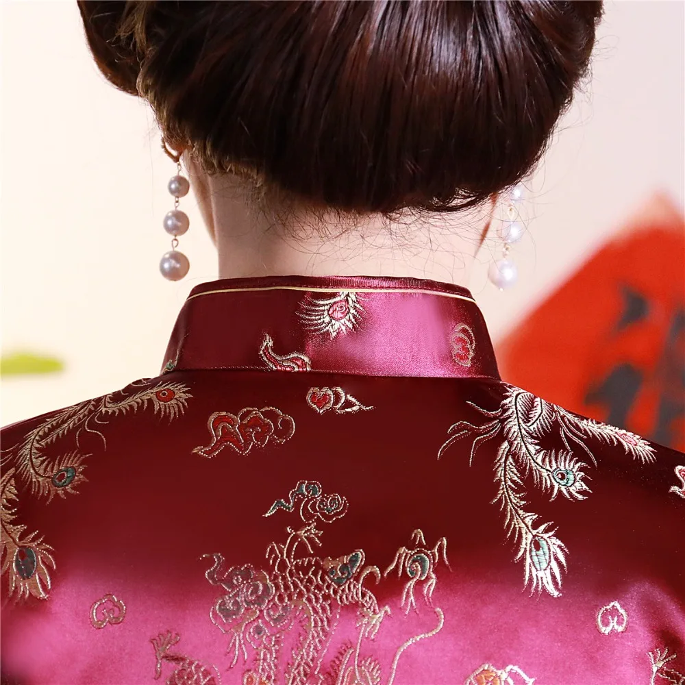 Шанхай история короткие Cheongsam Топ Традиционный китайский искусственный шелк/Атласный топ Дракон и Феникс Вышивка Блузка Топ Qipao рубашка