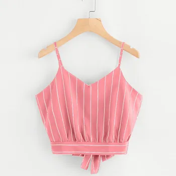 Women Self Tie Back V Neck Striped Crop Cami Top Camisole Blouse Sleeveless Lace Up Backless Tanks lace yoke split tie back top