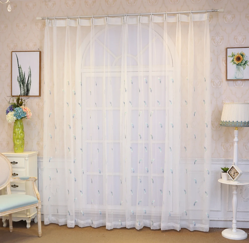 Feather Mesh Fabric Embroidered Tulle Curtains Living Room White Curtain Bedroom Bay Window Reday Made Curtain P056D3