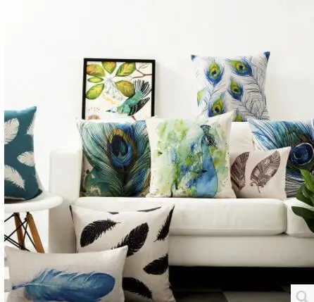 

Watercolor Peacock printed cushion cover decorative throw pillowcase elegant feather lumbr pillow cover home decor
