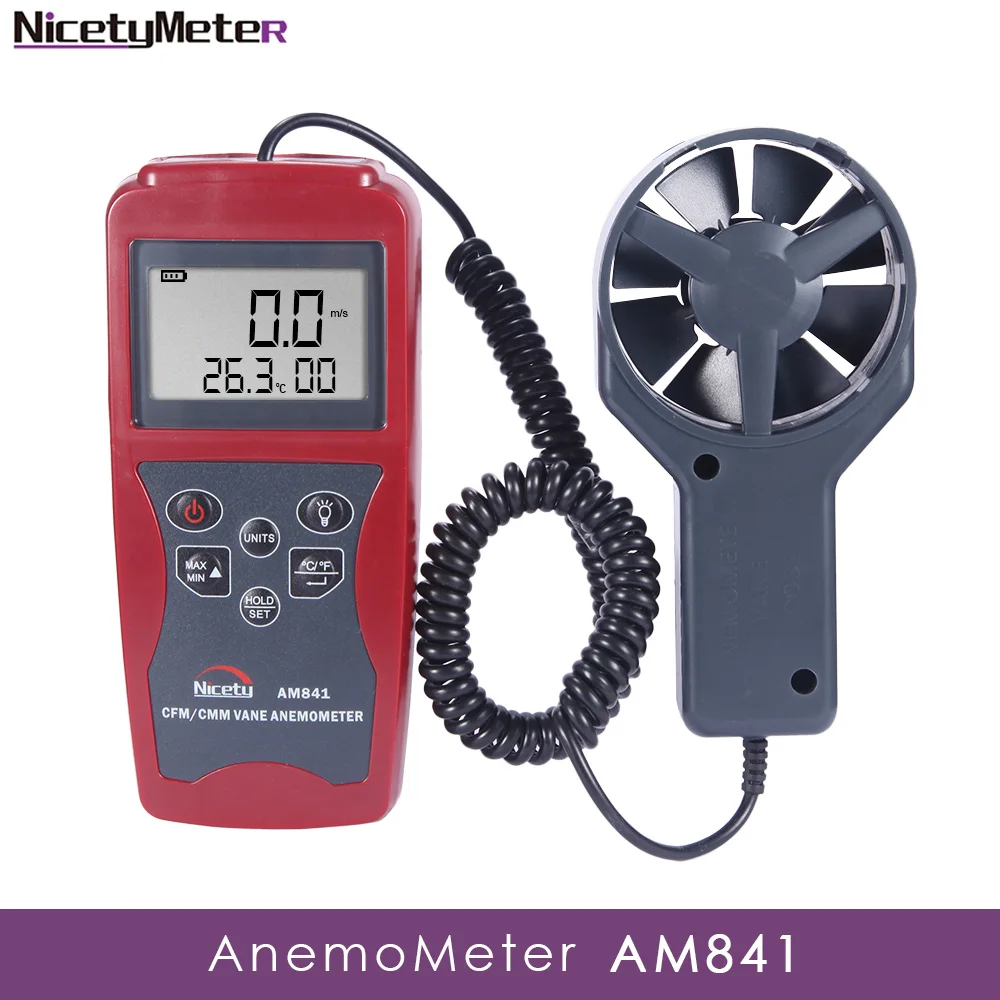 Nicetymeter AM841 Ручной цифровой анемометр измеритель скорости ветра и измерения температуры воздуха с CMM/CFM