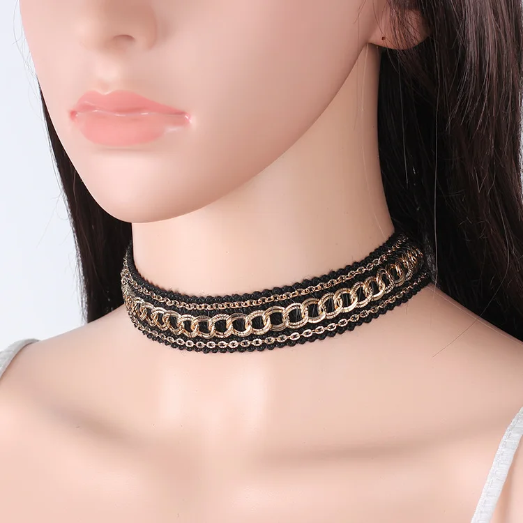 Панк choker ожерелье золотая цепь black lace для женщин ручной работы воротник женщина
