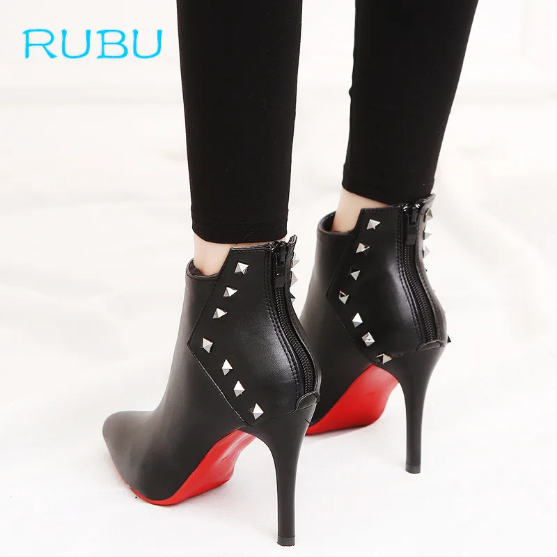 

2019 Spring Autumn Stiletto Thin High Heels Pointed Toe Faux Leather Zipper Style Sexy Ankle Womens Boots