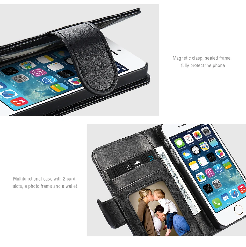KISSCASE Wallet Pouch Style Flip Leather Case For iPhone 6 6S Plus 5 5S SE 5C 4 4S Photo Frame + Card Slots Stand Magnetic Cover (5)