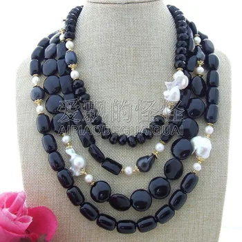 

N112907 19''-26" 4 Strands White Keshi Pearl Onyx Necklace