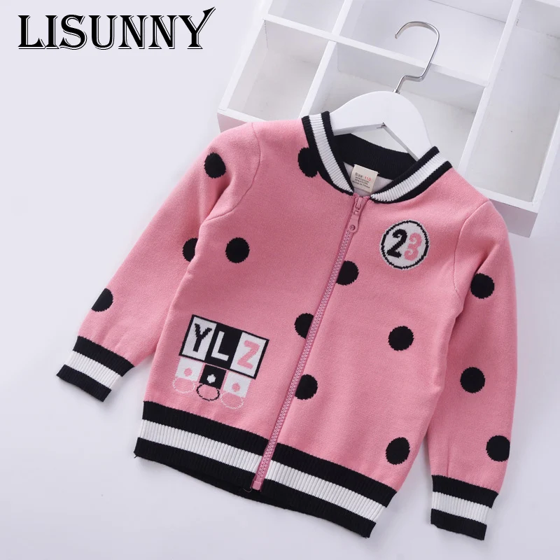

2019 Autumn Winter New Girls Sweaters Zippers Coat Baby Cardigan Dot knit Warm Kids Clothes Children Baseball School Clothing