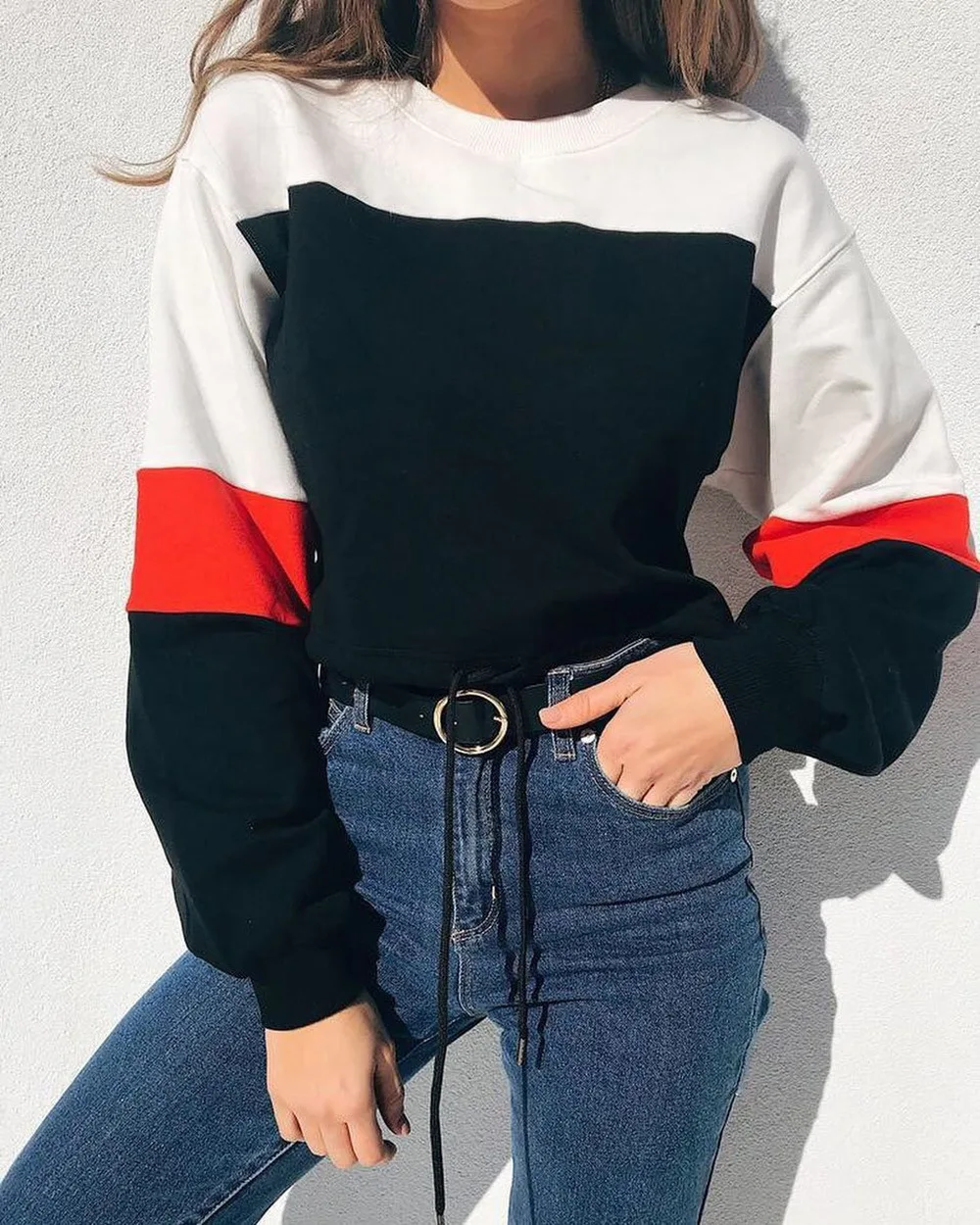 

fall sport colorblock contrast color cropped hoodie high street female crop top sweatshirt polerones 2019 drawstring WH0041