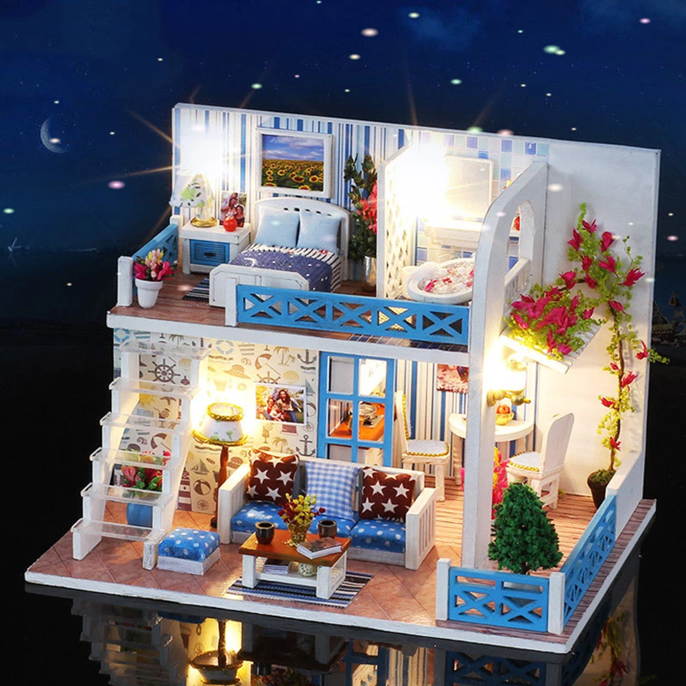 Diy Сборка Кукольный дом игрушка деревянная Miniatura кукольные дома ручной работы кукольный дом, игрушки с мебели светодиодные светильники подарки на день рождения детей